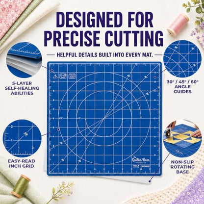The Quilted Bear 18" x 18" Rotating Self-Healing Cutting Mat, Blue | Square Mat, 360° Rotation, Locking Mechanism, 5-Layer Surface, Non-Slip Base, Clear Inch Grid & Angle Guides for Quilting - color: Blue, size: 18"L x 18"W