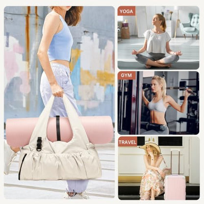 Yoga Mat Bag Yoga Bag for Women with Mat Holder Large Sport Gym Bag with Adjustable Yoga Mat Strap Shoes Compartment - color: Beige