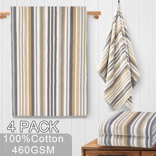VOOVA & MOVAS Bath Towels 4 Pack, 100% Cotton, 28x52 in, Tan Gray Beige - color: Beige + Gray Striped, size: 4 PC Bath Towels (28"x52")