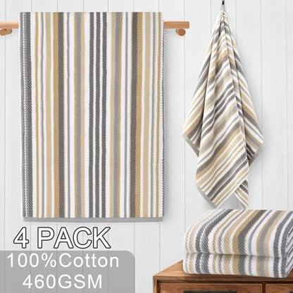 VOOVA & MOVAS Bath Towels 4 Pack, 100% Cotton, 28x52 in, Tan Gray Beige - color: Beige + Gray Striped, size: 4 PC Bath Towels (28"x52")