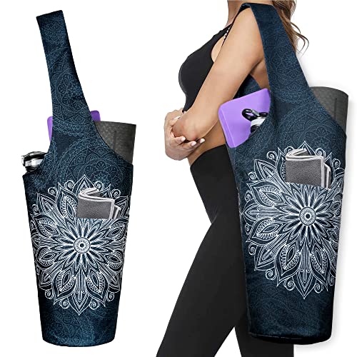 Yoga Mat Bag - Long Tote with Pockets - Holds More Yoga Accessories - Yoga Bag Fit Most Size Mats - Yoga Mat Carrier - color: Mandala Black