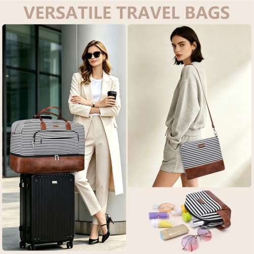 Large Women Travel Weekender Bag: Carry on Duffle with Shoe Compartment | Overnight Duffel Bags with Wet Pocket, Crossbody & Toiletry Bag, 3PCS Womens Traveling Tote Set for Hospital Gym Weekend Trip - color: 01 Black Striped