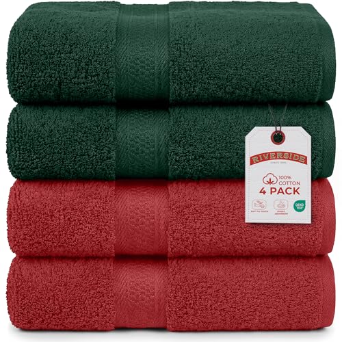 RIVERSIDE 4 Pack Luxury Large Bath Towels, 27x54 Inches, 600 GSM | 100% Cotton, Larger & Lightweight Towels for Shower & Bathroom, Highly Absorbent & Quick-Dry, Perfect for Daily Use - color: Red and Hunter Green, size: Bath Towels - 4 Pack