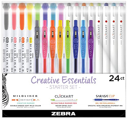 Zebra Pen Creative Essentials, MILDLINER, CLiCKART & SARASA, Assorted, 24Pk | Includes 8 MILDLINER Highlighters, 8 CLiCKART Markers and 8 SARASA Clip Retractable Gel Pens, Ideal for Journaling (76024) - style: Essentials Starter Set