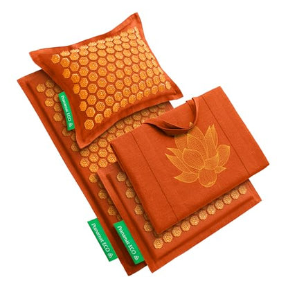 Pranamat Acupressure Large & Small Mat with Pillow and Bag Set, Premium Acupressure Therapy for Pain Relief and Relaxation, Handcrafted in Europe with Sustainable and Natural Materials (Amber) - color: Amber