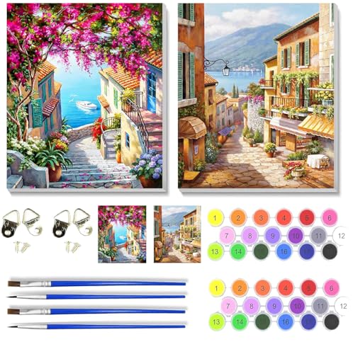 VIGEGU 2 Pack Cityscape Paint by Numbers Kit for Adults with Framed, Landscape Paint by Number DIY Adult Paint by Number Kits for Wall Decor 10x12in - color: 2 Pack Fall Paint by Numbers-0723-5