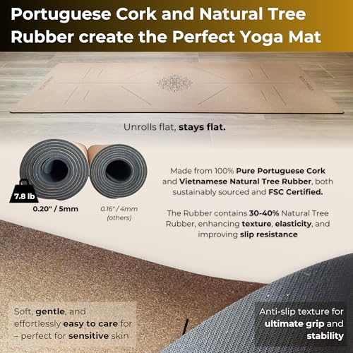 Cork Yoga Mat - 5mm Extra Large 72"x26" Non-Slip Yoga Mat with FSC Certified Portuguese Cork & Natural Rubber Base – Hot Mat for Home & Studio – yoga mat cork