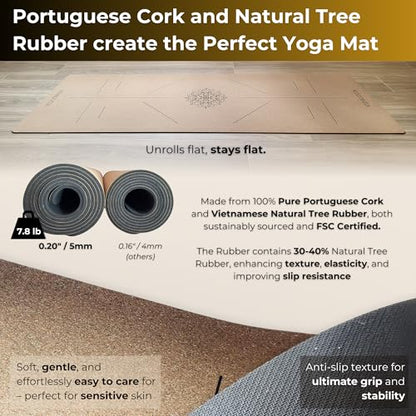 Cork Yoga Mat - 5mm Extra Large 72"x26" Non-Slip Yoga Mat with FSC Certified Portuguese Cork & Natural Rubber Base – Hot Mat for Home & Studio – yoga mat cork