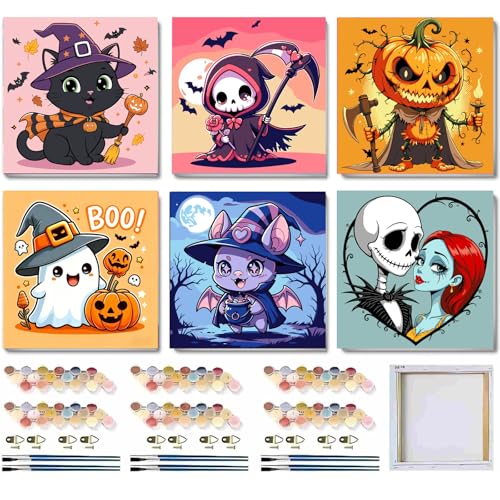 SYDYLH 6 Pcs Framed Easy Halloween Paint by Numbers for Adult/Kids 8x8in | small Ghosts Oil Painting Set for Child, mini horror paint by Number framed canvas Home Decor,Boys Girls Arts Crafts Gift - color: Halloween Paint By Numbers with Framed 6-pack, si