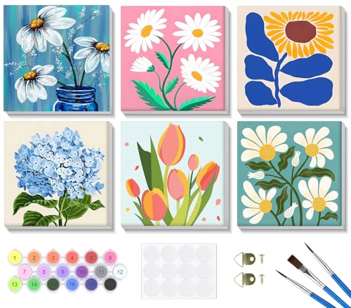 Bowetile 6 Pack Framed Paint by Numbers Kit for Adults Beginner, Flowers Adults' Paint-by-Number Kits on Canvas, Easy Acrylic Number Painting Kits Home Decor Gifts, 8x8in - color: 8x8in-6-Flowers-01