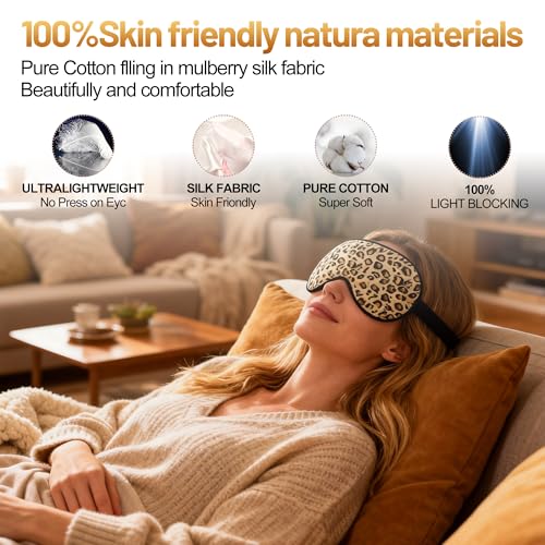 Silk Sleep Mask, Blackout Eye Mask for Sleeping with Adjustable Strap - color: Brown Leopard