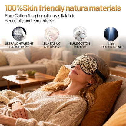 Silk Sleep Mask, Blackout Eye Mask for Sleeping with Adjustable Strap - color: Brown Leopard