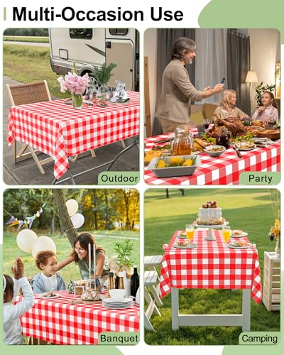 Smiry 8 Packs Gingham Disposable Table Cloth, 54 x 108 Inch Waterproof Plastic Tablecloth, Rectangle Red and White Checkered Table Covers for Picnic, Party, Birthday, Banquet - color: Red and White, size: 54"x108" (Pack of 8)