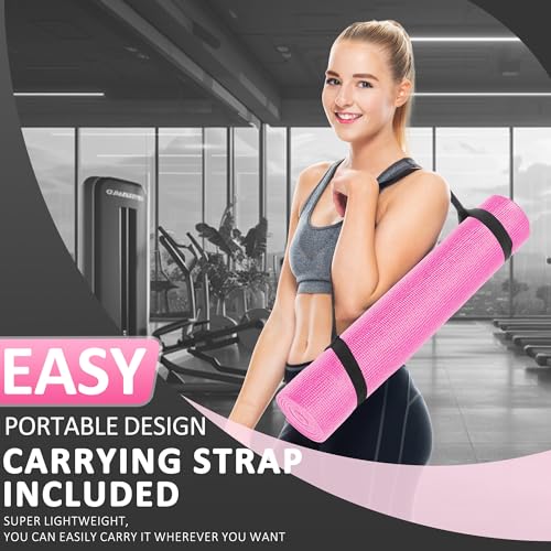 Fitvids All Purpose Thick High Density No Tear Exercise Yoga Mat with Strap & Lightweight Features for Indoor & Outdoor Use - color: Pink