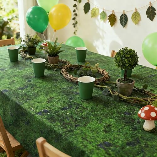 Kochorie 2 Pieces Green Moss Pattern Plastic Tablecloth 108 x 54 Inch Disposable Green Grass Table Cover for Forest Jungle Nature Themed Party Table Decorations - style: Green Moss