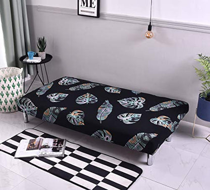 MIFXIN Armless Sofa Cover Futon Slipcover Stretch Elastic Folding Sofa Bed Non-Armrest Couch Sofa Cover Furniture Protector for Dogs Cats Pets (Black Leaves) - color: Black Leaves