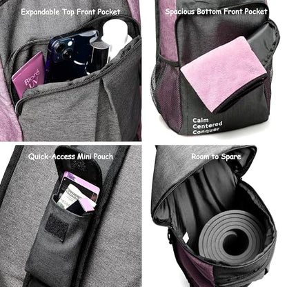 Yoga Mat Bag Carrier - Large Pockets & Water Bottle Holders. Yoga Backpack Fits 0.5" Thick x 26" Wide Mats. Hands-Free, Left-Right Switchable, Yoga, Gym, Cycling - color: Purple