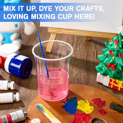 100 Pack Plastic Mixing Cups, 20 oz Measuring Cups with 100 Mixing Sticks | versatile for mixing paints, epoxy resin, alcohol inks, DIY crafts, projects, scientific experiments, disposable and no-mess