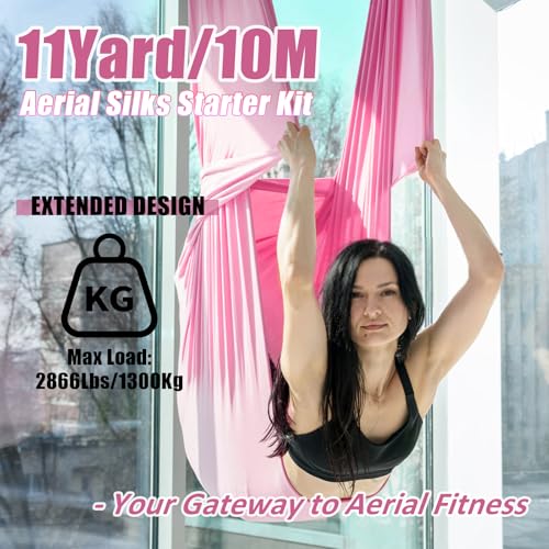 Aerial Silks Kit & Aerial Yoga Hammock - 11Yd Premium Fabric with Hardware | Easy Setup for Flying Yoga, Aerial Swing & Fitness - Supports Up to 14ft Rigging(Navy) - color: Light Pink