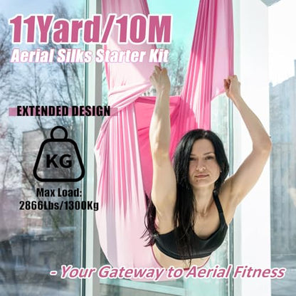 Aerial Silks Kit & Aerial Yoga Hammock - 11Yd Premium Fabric with Hardware | Easy Setup for Flying Yoga, Aerial Swing & Fitness - Supports Up to 14ft Rigging(Navy) - color: Light Pink