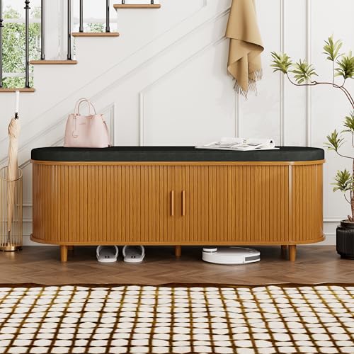 DHH 2-Tier Storage Bench,Wide Shoe Bench with Thickened Padded Seat Cushion, Mid Century Modern Fluted Sliding Door and Adjustable Shelf, for Entryway, Living Room, Bedroom (Yellow Walnut, 51.2”) - color: Yellow Walnut, size: 51.2 inch