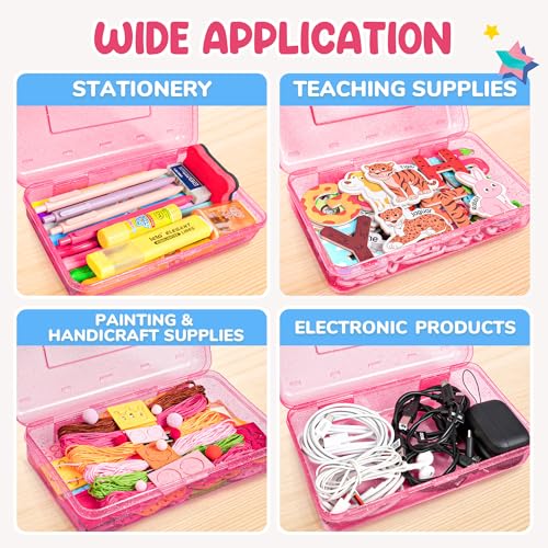 GAMENOTE Plastic Pencil Box with Snap Lid, School Supply Case, Glitter Pink | Kid Large Hard Pencil Case with Personalized Sticker, Snap-tight Lid, Small Art Craft Storage Containers for Boys, Girls - color: Glitter Pink