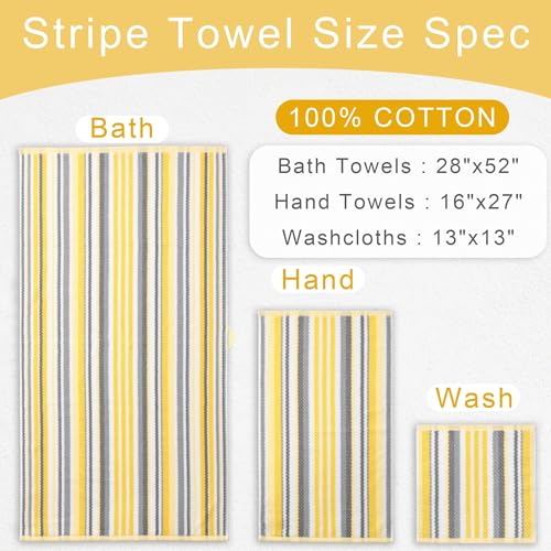 VOOVA & MOVAS Yellow Bath Towels 4 Pack, 100% Cotton, 28x52 in - color: Yellow + Gray Striped, size: 4 PC Bath Towels (28"x52")