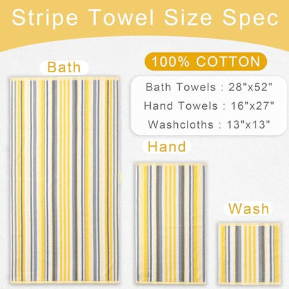 VOOVA & MOVAS Yellow Bath Towels 4 Pack, 100% Cotton, 28x52 in - color: Yellow + Gray Striped, size: 4 PC Bath Towels (28"x52")