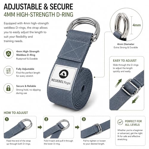 Yoga Strap for Stretching, Non-Elastic Yoga Belt with D-Ring - color: Denim Blue, size: 6Feet/1.8M
