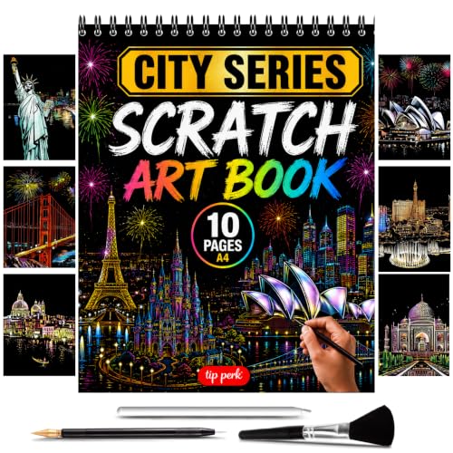 Scratch Art Book for Adults - City Series, 10 Rainbow Art and Crafts for Adults | Adult scratch art & foil art for adults kit | stress relief scratch painting, screen-free travel craft | scratch art adult - color: City series