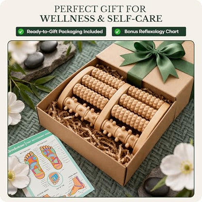 Brookstone Foot Massager Roller Plantar Fasciitis Pain Relief - Wooden Under Desk Feet Massage - Dual Manual Heel Massagers - Wood Rolling Acupressure Tool with Reflexology Guide - Gift for Men, Women