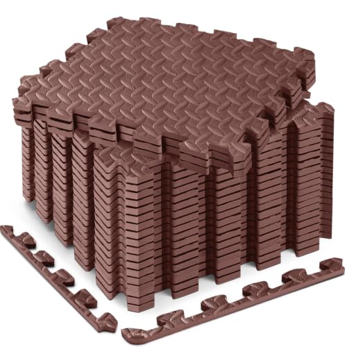 18 Pcs EVA Foam Floor Tiles, Puzzle Exercise Mat Set for Gym | Cover 18 sqft with 12.6" x 12.6" x 0.4" interlocking tiles for home gyms, garages and workout equipment - color: Brown