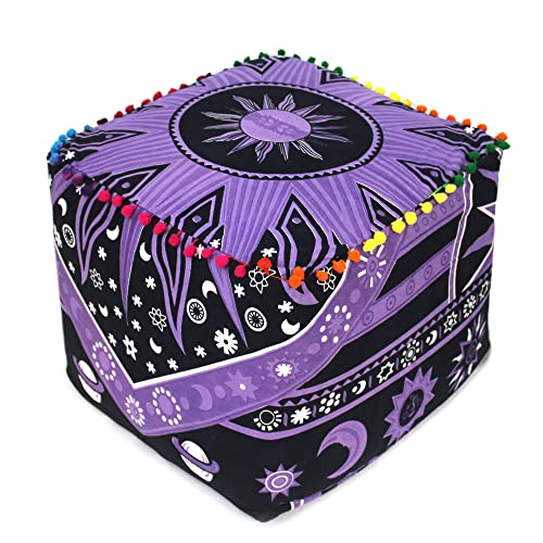 CRAFT KALA Large Hippie Mandala Meditation Floor Ottoman Pillow Cushion Pouf Cover Square Poufs Cover Bohemian Circle Floor Cushion Cover Outdoor Living Room Decor 16X16X14 inches, Purple Burning Sun - color: Purple Burning Sun, size: 16x16x14 inches