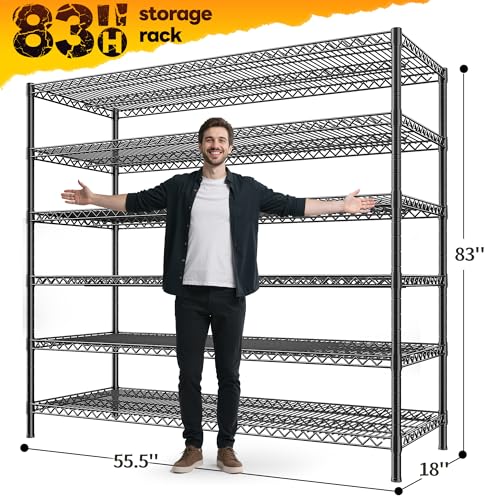 REIBII 6-Tier Heavy Duty Wire Shelving Unit, 3840LBS Storage Shelf Rack | 3840 lbs capacity,commercial grade,25mm steel rods,3 reinforcing posts/layer,powder-coated,rust-proof,tool-free assembly - size: 83"H x 55.5"W x 18"D