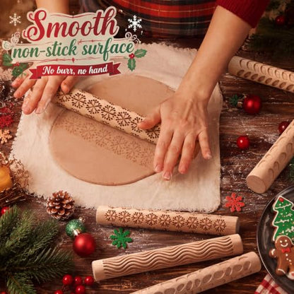 Yookeer 5 Pcs Mini Embossed Rolling Pin Set for Pottery Clay Cookies | 5.9 Inch, No Handle Design, Leaves Snowflake Pebbles Curve Tree Lines Pattern, Wood Material, Cute Kitchen Tool