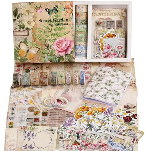 Vintage Botanical Scrapbooking Supplies Kit, Aesthetic Flower Scrapbook Kit for Bullet Junk Journal, 12 Rolls Washi Tape, Stickers Papers for DIY Journaling Supplies, Craft Gift for Girl Women - color: Botanical