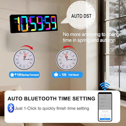 TXL 17.2" Bluetooth Digital Wall Clock with Seconds, Large Countdown Timer for Classroom Home Gym Kitchen Office, Alarm Clock with Remote Control, 4 Dimmable Brightness, Auto DST (RGB) - color: Rgb