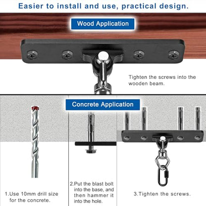 BeneLabel Ceiling Mount Swing Hanger with Bearing 900 LB Capacity Heavy Bag Hanger Stainless Steel Hanging Chair Mount 360° Swing Hardware for Aerial Silks, Punching Bag, Gymnast Ring - color: 1pack-4 Holes Black Base Swing Hanger