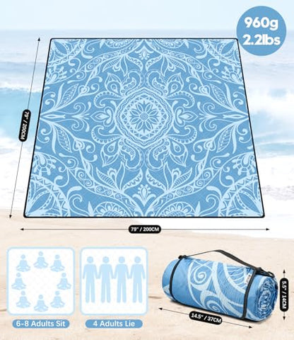 DEWUR Picnic Blankets 79"x79" Extra Large Outdoor Blanket Beach Blanket Waterproof SandProof Picnic Mat Washable Foldable Portable for Grass Lawn Beach Camping - color: Blue Leaves