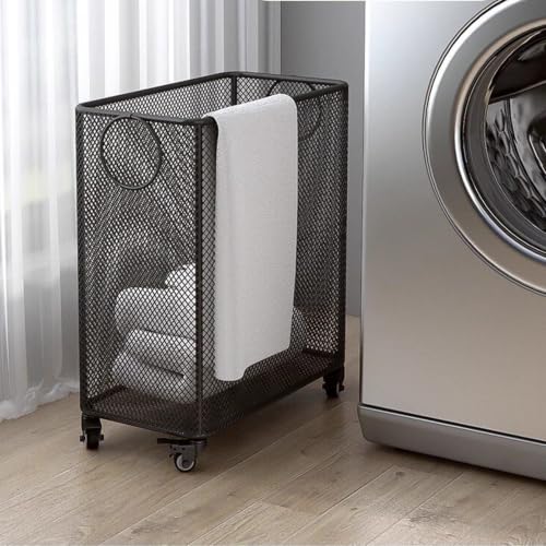 Gold Metal Basket with Wheels, Rolling Laundry Hamper Cart, Mesh Wire Laundry Basket, Yoga Mat Storage Rack,Large Capacity Dirty Clothes Organizer for Bedroom Living Room(17"W x 9"D x 20.5"H, Black) - color: Black