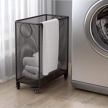 Gold Metal Basket with Wheels, Rolling Laundry Hamper Cart, Mesh Wire Laundry Basket, Yoga Mat Storage Rack,Large Capacity Dirty Clothes Organizer for Bedroom Living Room(17"W x 9"D x 20.5"H, Black) - color: Black