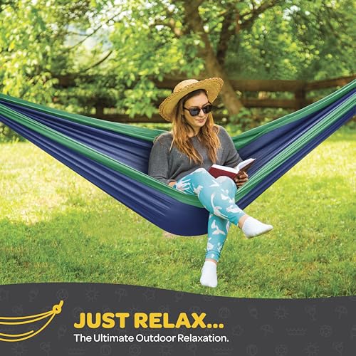 Durable Hammock 400 lb Capacity, Nylon Camping Hammock Chair - Double or Single Sizes w/Tree Straps and Attached Carry Bag - Portable for Travel/Backpacking/Beach/Backyard (Medium, Fuchsia & Sky Blue) - color: Fuchsia & Sky Blue, size: Medium