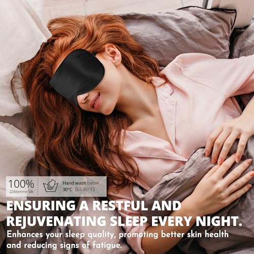 Sleep Mask, 100% 22 Momme Mulberry Silk Eye Mask with Adjustable Strap - color: Black 22 Momme