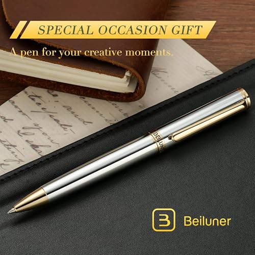 BEILUNER Silver Gold Gel Pen - Luxury Featuring sophisticated chrome finishes, with 24K Gold Accents, Best Pen Gift Set for Men & Women, Business Signature, Executive, Office Retractable Pens - color: Silver Chrome and Gold Finish