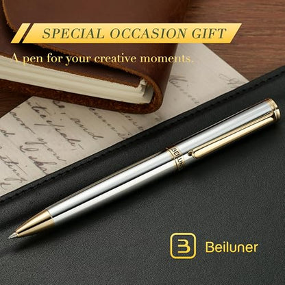 BEILUNER Silver Gold Gel Pen - Luxury Featuring sophisticated chrome finishes, with 24K Gold Accents, Best Pen Gift Set for Men & Women, Business Signature, Executive, Office Retractable Pens - color: Silver Chrome and Gold Finish