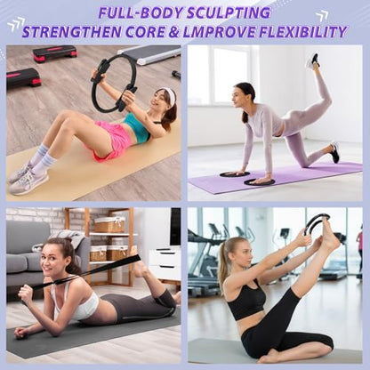 Halloscume 24 Pcs Pilates Kit, Home Pilate Equipment for Women, Pilates Ring and Ball Set with Stretching Strap, Water Bottle, Magic Circle, Yoga Ring, Gym Bag, Resistance Band, Anti Slip Sock - color: Black