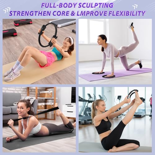 Halloscume 24 Pcs Pilates Kit, Home Pilate Equipment for Women, Pilates Ring and Ball Set with Stretching Strap, Water Bottle, Magic Circle, Yoga Ring, Gym Bag, Resistance Band, Anti Slip Sock - color: Black