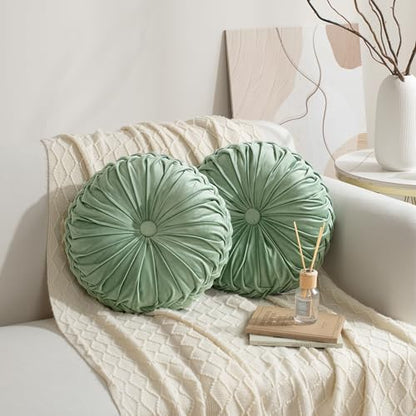 HIG Set of 2 Sage Velvet Decorative Round Pleated Throw Pillows - color: Sage