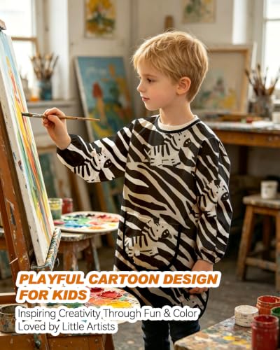MINIQ Kids Art Smock,Waterproof Painting Apron Artist Smocks with Pocket Long Sleeves - color: Zebra Phantom, size: XXXL for Age 8-14