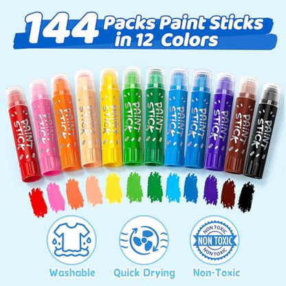 144 Tempera Paint Sticks Bulk, Washable Solid Crayons in 12 Colors | No Mess, Quick Drying, Ideal Back to School Painting Art Supplies Bulk for Classroom Students